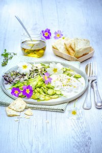 cuisiner avec des fleurs companion moulinex salade primevère et burrata crackers huile olive miniature